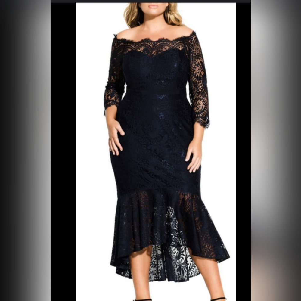 Plus Size Elegant Black Lace Off-Shoulder Dress